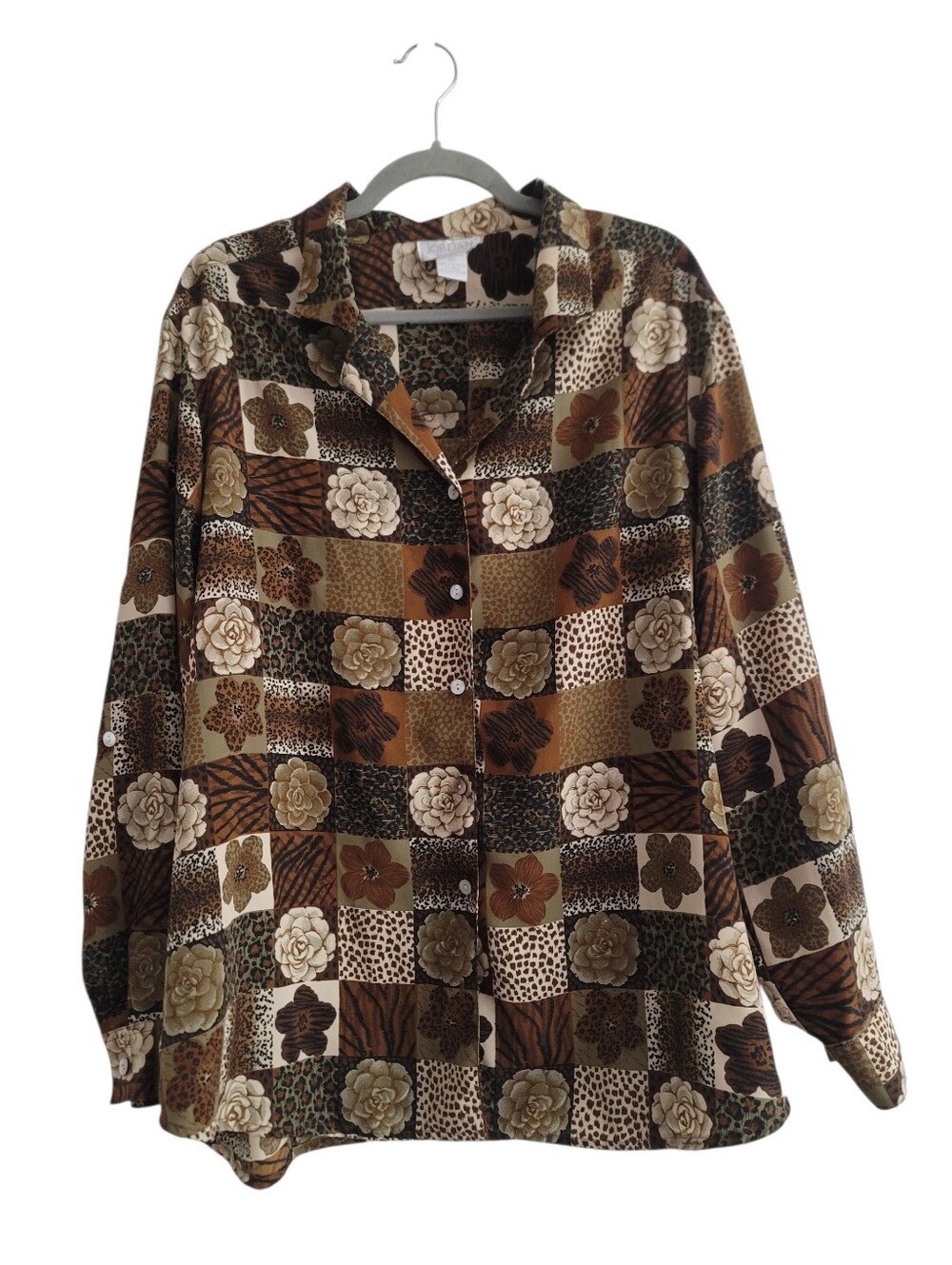 VTG Floral Animal Patchwork Print 2X/3X Button Up Shirt Long Sleeve Blouse